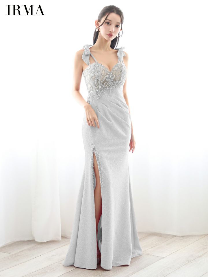IRMA イルマ 花柄刺繍/ショルダーラメリボン/メッシュ/スリット入り/タイト ロングドレス  【リボン取り外し可能】 ir51839-c
