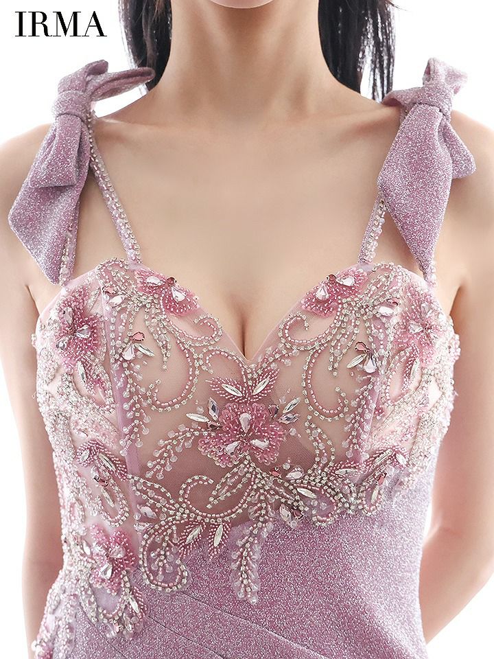 IRMA イルマ 花柄刺繍/ショルダーラメリボン/メッシュ/スリット入り/タイト ロングドレス  【リボン取り外し可能】 ir51839-c