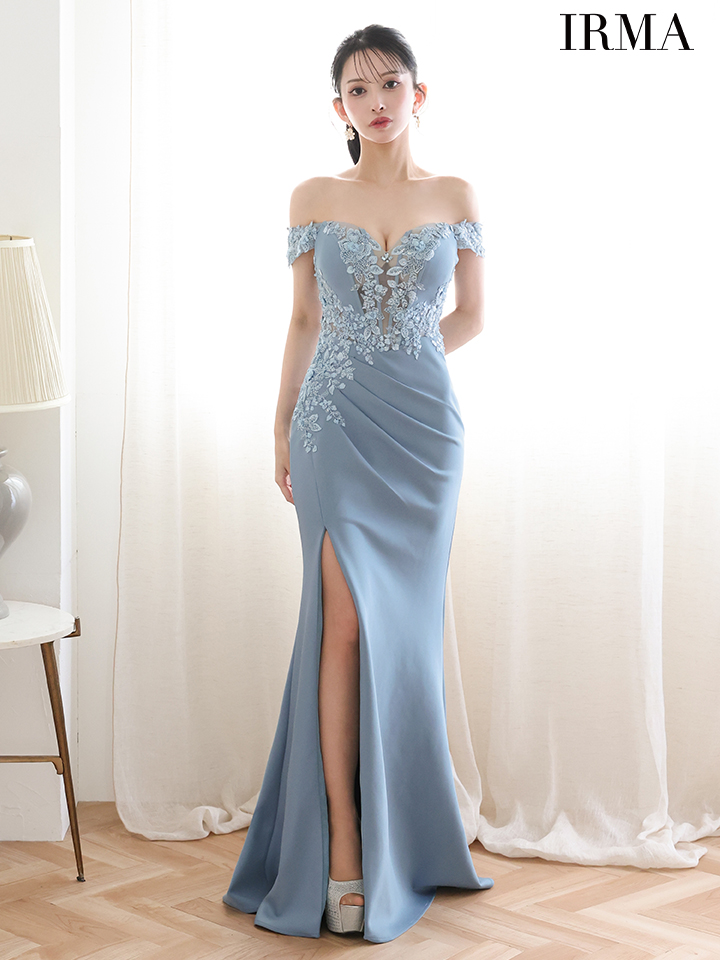 IRMA イルマ オフショル/立体フラワーモチーフ/刺繍/メッシュ/スリット入り/タイト ロングドレス ir51924-c