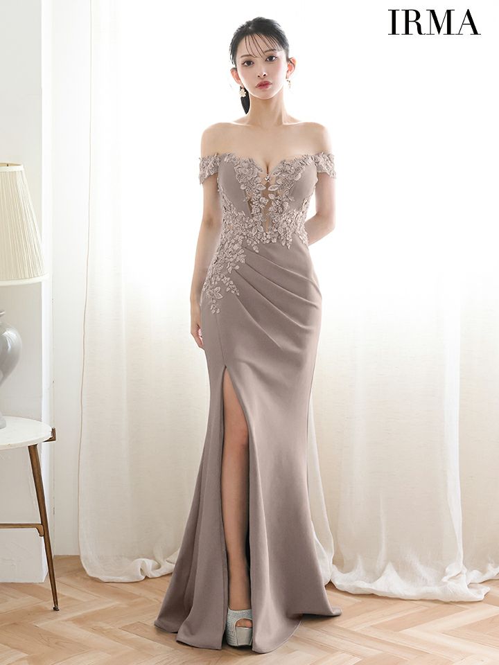 IRMA イルマ オフショル/立体フラワーモチーフ/刺繍/メッシュ/スリット入り/タイト ロングドレス ir51924-c