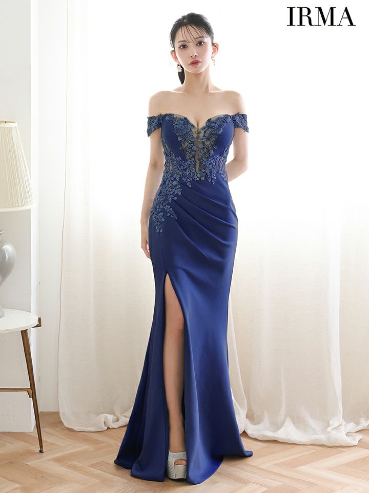 IRMA イルマ オフショル/立体フラワーモチーフ/刺繍/メッシュ/スリット入り/タイト ロングドレス ir51924-c