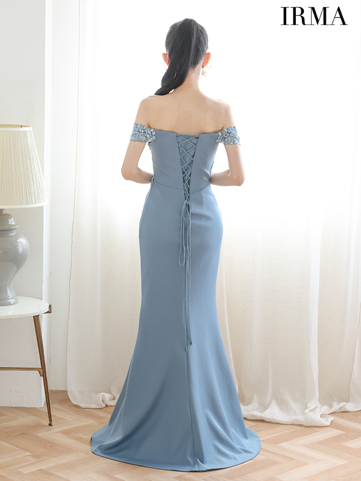 IRMA イルマ オフショル/立体フラワーモチーフ/刺繍/メッシュ/スリット入り/タイト ロングドレス ir51924-c