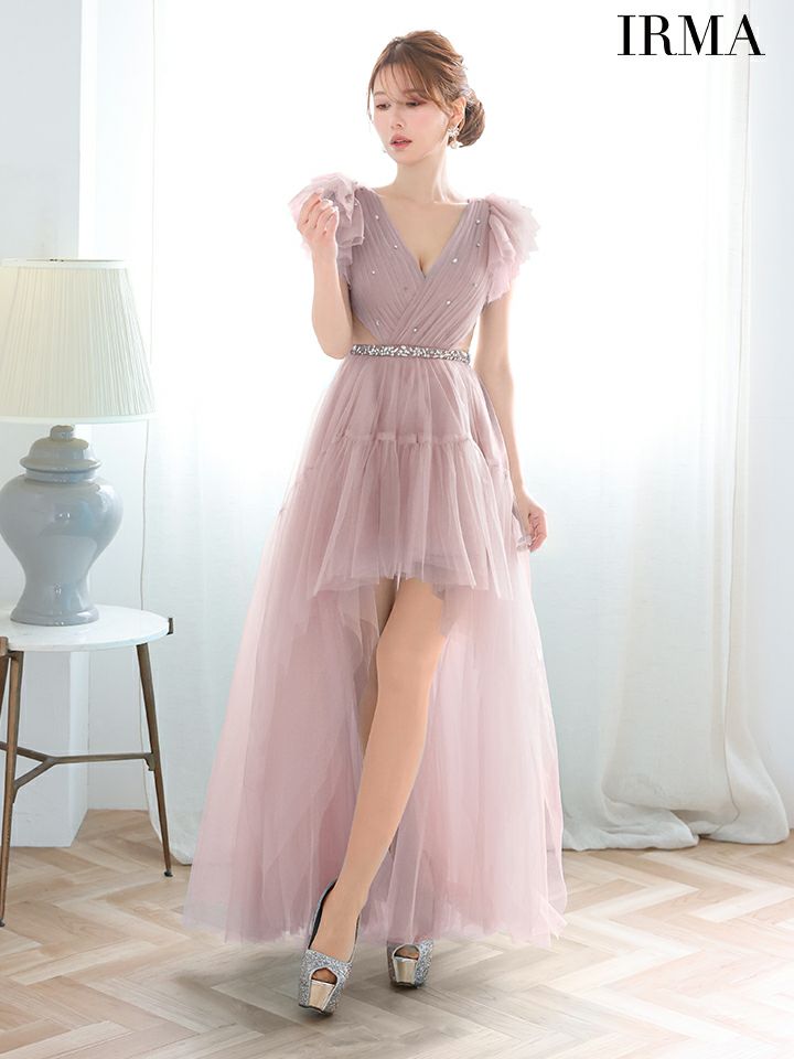 IRMA イルマ チュールスリーブ/ビジュー/ウエスト切替/ロングテール/前ミニ ロングドレス ir51925-c