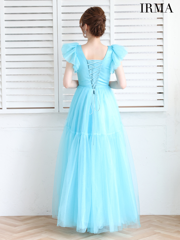 IRMA イルマ チュールスリーブ/ビジュー/ウエスト切替/ロングテール/前ミニ ロングドレス ir51925-c