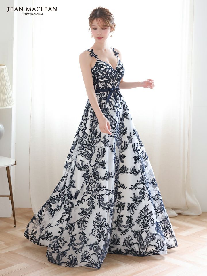 JEAN MACLEAN ジャンマクレーン 花柄刺繍総レース/バイカラー/リボンベルト付き/姫/ロングドレス ja51931-c