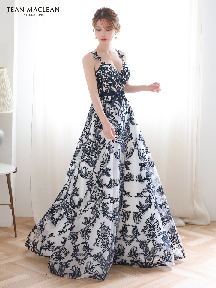 JEAN MACLEAN ジャンマクレーン 花柄刺繍総レース/バイカラー/リボンベルト付き/姫/ロングドレス ja51931-c