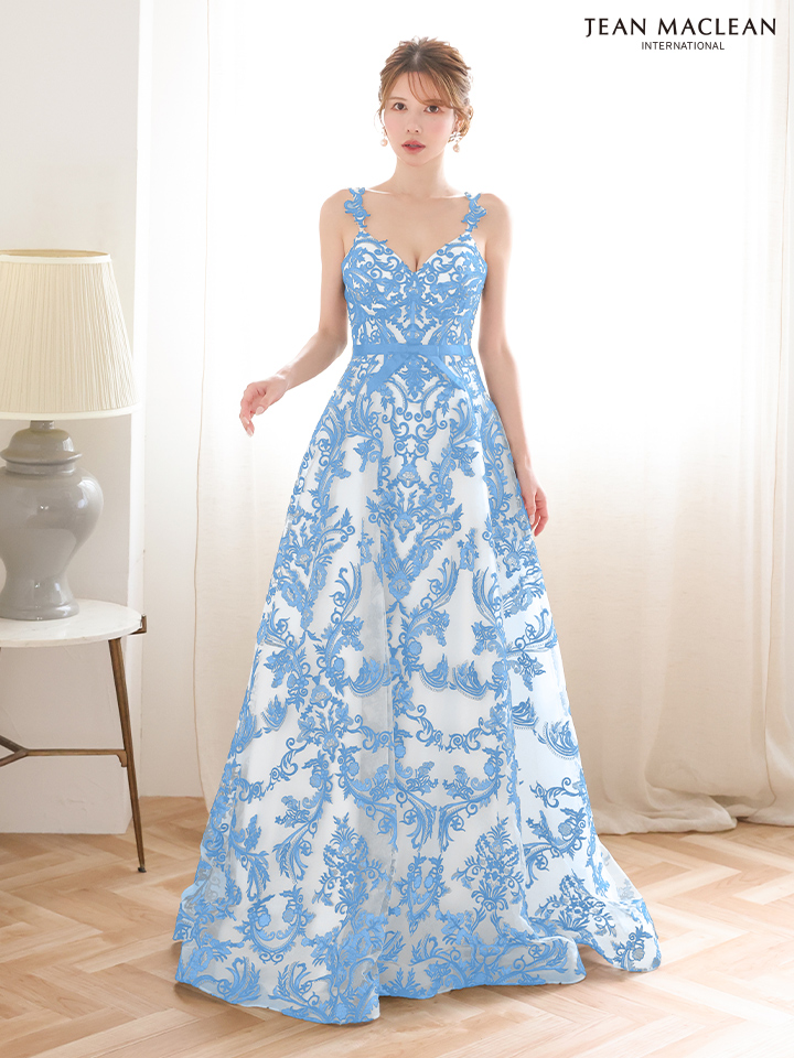 JEAN MACLEAN ジャンマクレーン 花柄刺繍総レース/バイカラー/リボンベルト付き/姫/ロングドレス ja51931-c