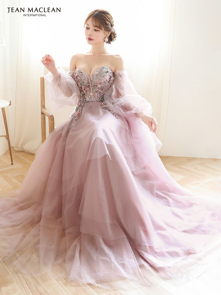 JEAN MACLEAN ジャンマクレーン 立体フラワーモチーフ/コルセット/チュールロングスリーブ/姫/ロングドレス ja51933-c