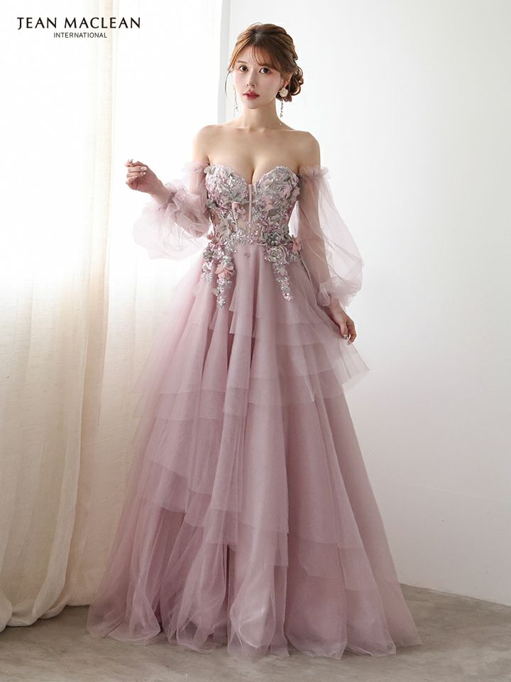 JEAN MACLEAN ジャンマクレーン 立体フラワーモチーフ/コルセット/チュールロングスリーブ/姫/ロングドレス ja51933-c