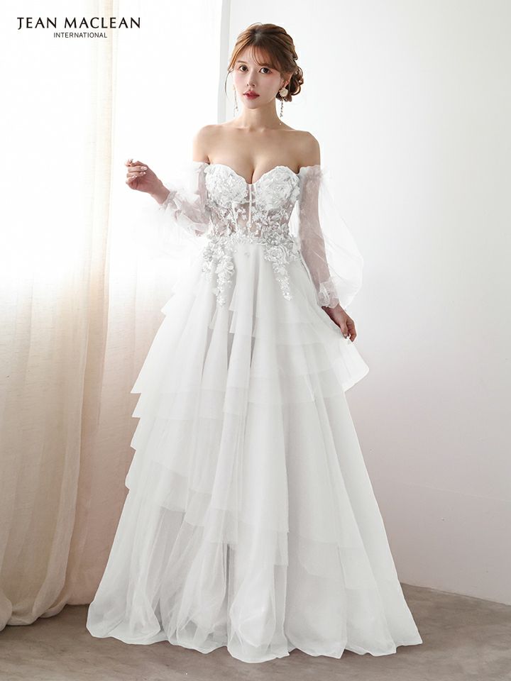 JEAN MACLEAN ジャンマクレーン 立体フラワーモチーフ/コルセット/チュールロングスリーブ/姫/ロングドレス ja51933-c