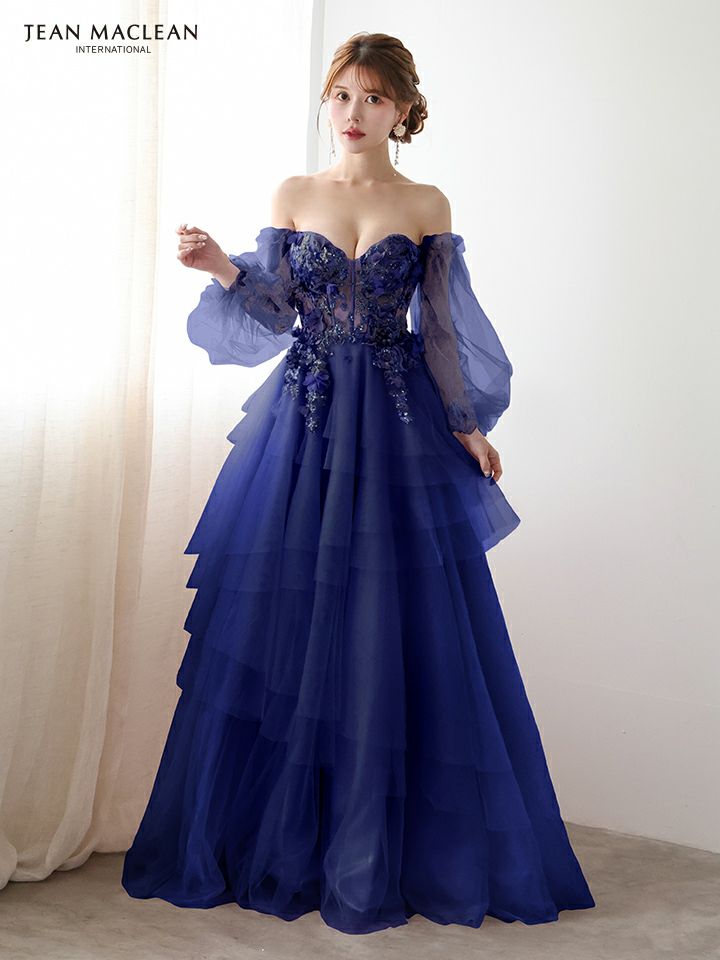 JEAN MACLEAN ジャンマクレーン 立体フラワーモチーフ/コルセット/チュールロングスリーブ/姫/ロングドレス ja51933-c