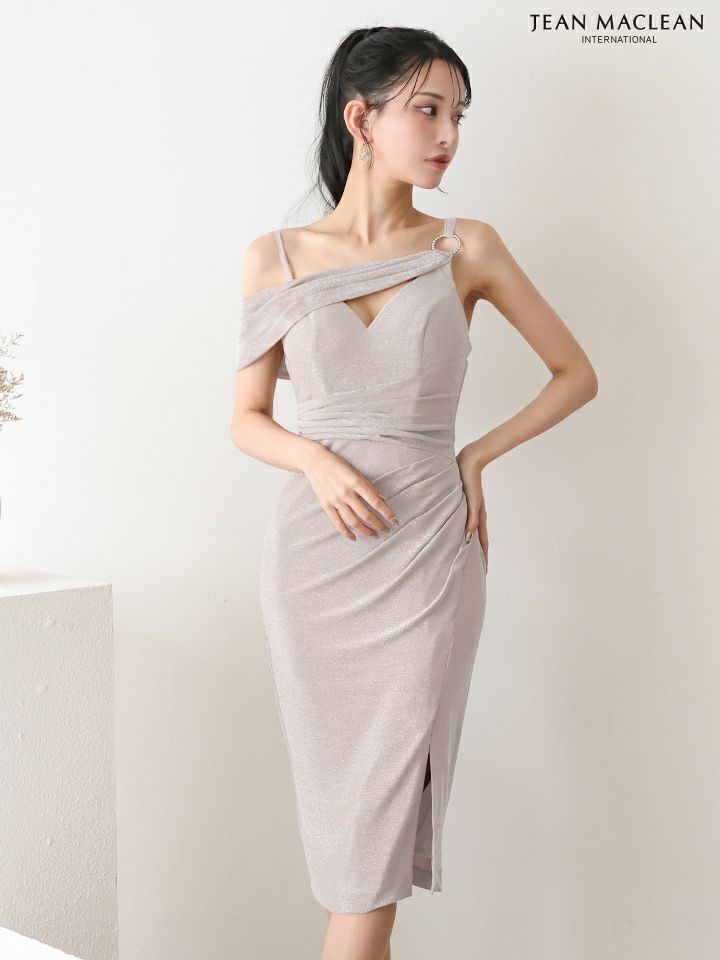 JEAN MACLEAN ジャンマクレーン サイドオフショル/ワンカラー/ラメニット/スリット入り/タイト ミディアムドレス ja51918-c
