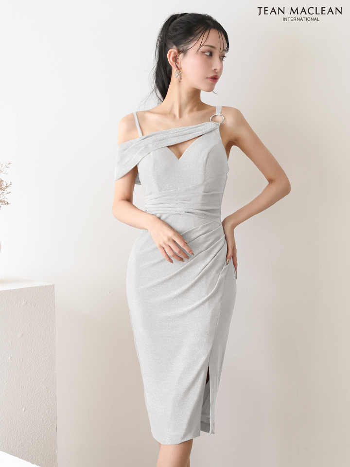 JEAN MACLEAN ジャンマクレーン サイドオフショル/ワンカラー/ラメニット/スリット入り/タイト ミディアムドレス ja51918-c