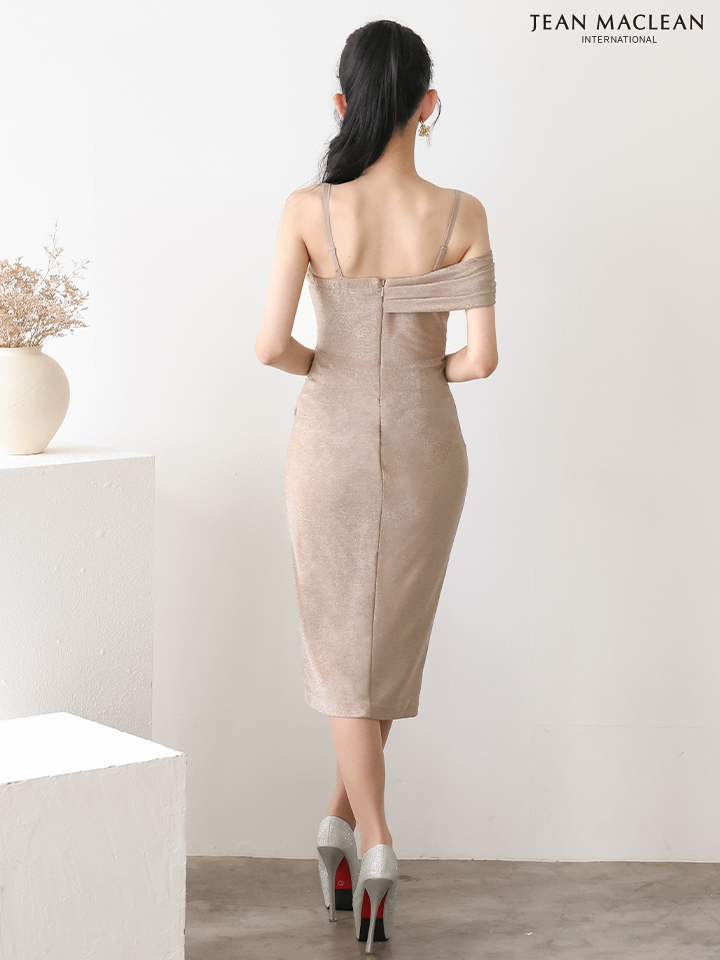 JEAN MACLEAN ジャンマクレーン サイドオフショル/ワンカラー/ラメニット/スリット入り/タイト ミディアムドレス ja51918-c