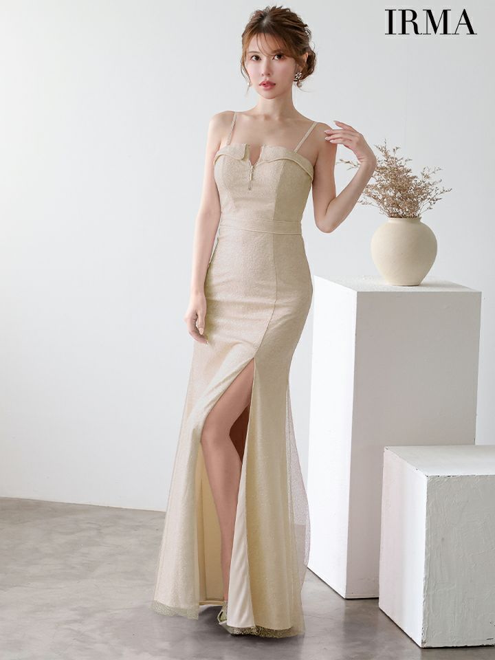IRMA イルマ ラメフィルム/フロントジップ/キャミソール/スリット入り/タイト ロングドレス ir51926-c
