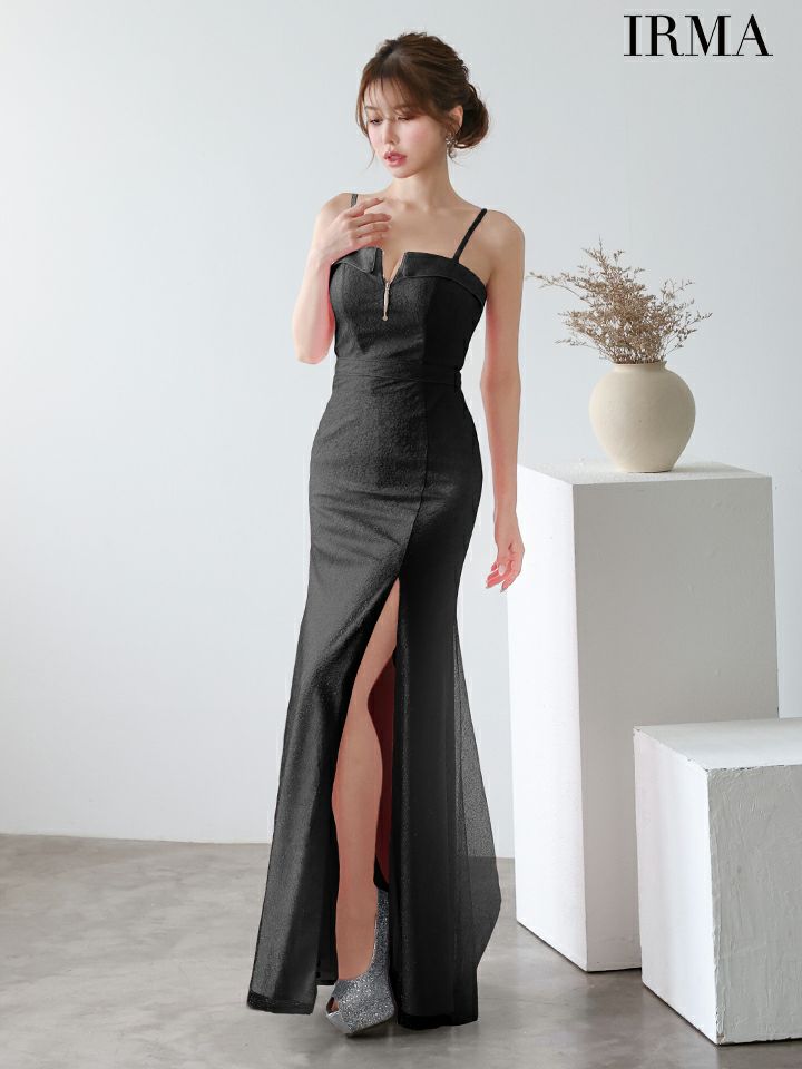 IRMA イルマ ラメフィルム/フロントジップ/キャミソール/スリット入り/タイト ロングドレス ir51926-c
