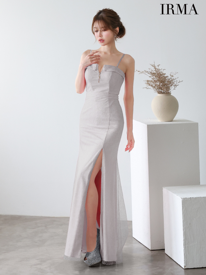 IRMA イルマ ラメフィルム/フロントジップ/キャミソール/スリット入り/タイト ロングドレス ir51926-c