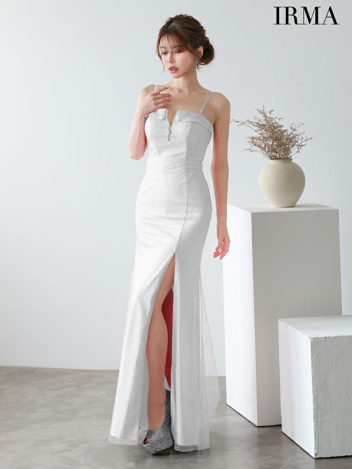 IRMA イルマ ラメフィルム/フロントジップ/キャミソール/スリット入り/タイト ロングドレス ir51926-c