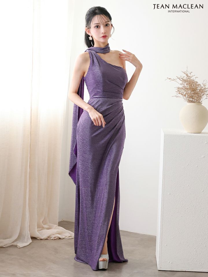 JEAN MACLEAN ジャンマクレーン ワンカラー/ショール付き/2way/ラメニット/ワンショルダー/スリット入り/タイト ロングドレス ja51928-c