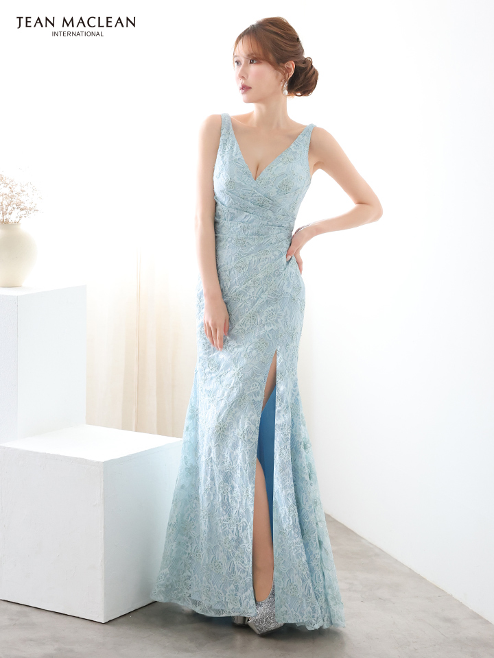 JEAN MACLEAN ジャンマクレーン ラメ糸混レース/タックデザイン/スリット入り/タイト ロングドレス ja51930-c
