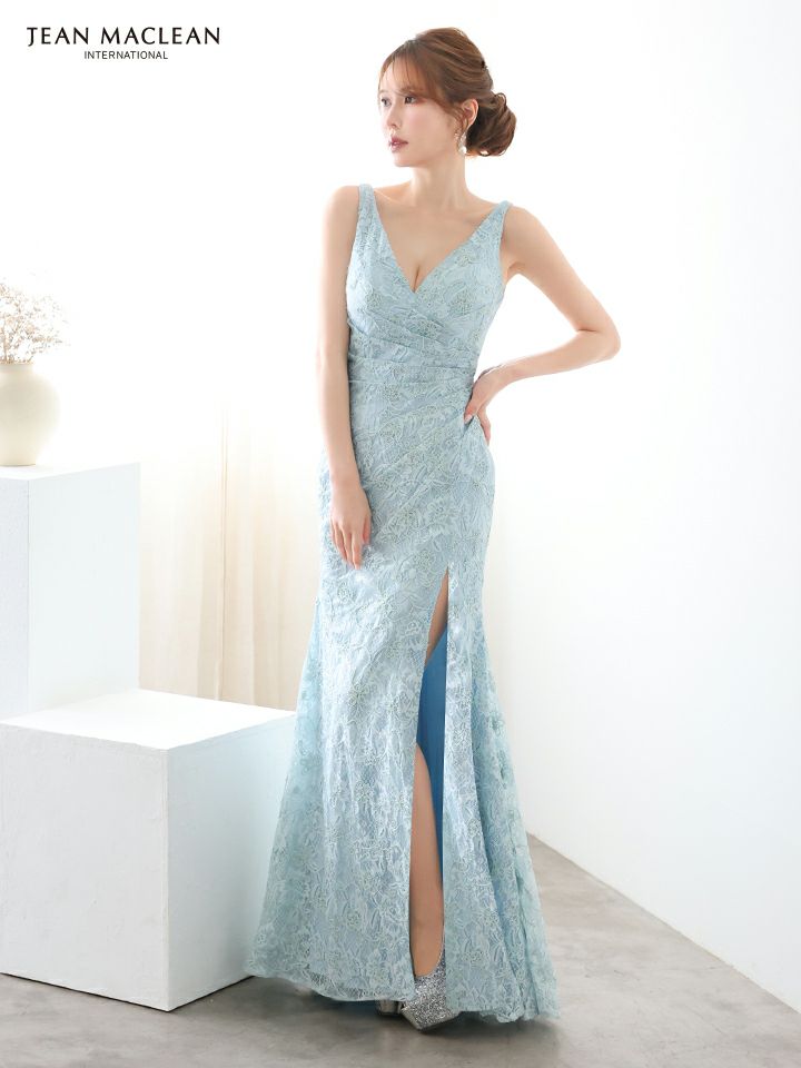 JEAN MACLEAN ジャンマクレーン ラメ糸混レース/タックデザイン/スリット入り/タイト ロングドレス ja51930-c