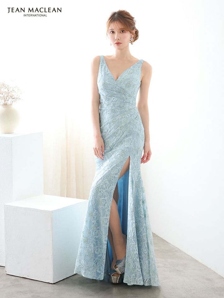 JEAN MACLEAN ジャンマクレーン ラメ糸混レース/タックデザイン/スリット入り/タイト ロングドレス ja51930-c