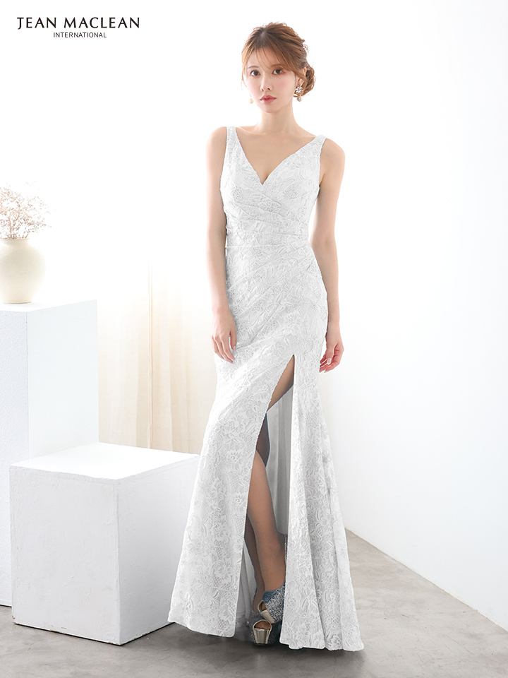 JEAN MACLEAN ジャンマクレーン ラメ糸混レース/タックデザイン/スリット入り/タイト ロングドレス ja51930-c