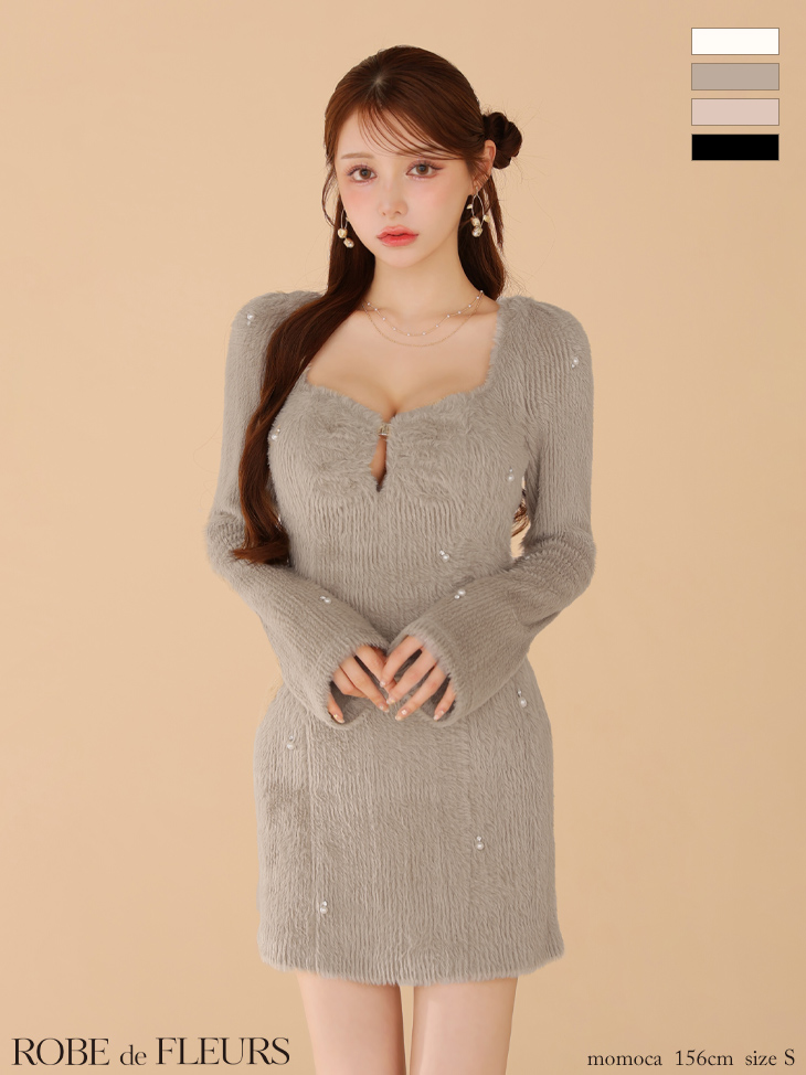 ROBE de FLEURS ローブドフルール フェザーニットパール付きタイトミニキャバドレス fm3475