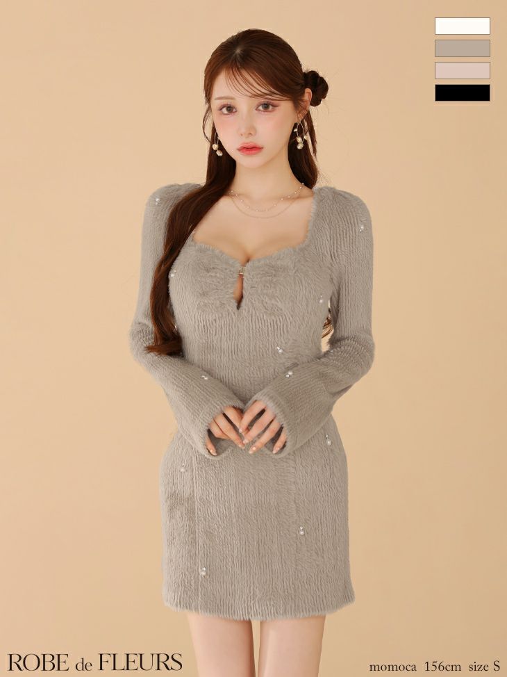 ROBE de FLEURS ローブドフルール フェザーニットパール付きタイトミニキャバドレス fm3475