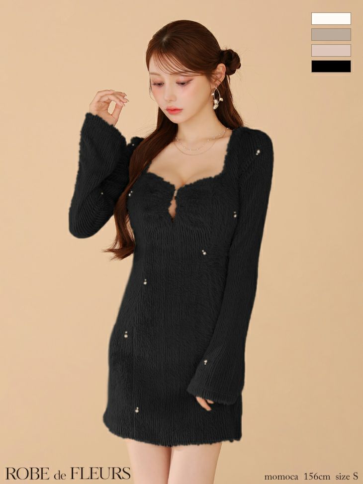 ROBE de FLEURS ローブドフルール フェザーニットパール付きタイトミニキャバドレス fm3475