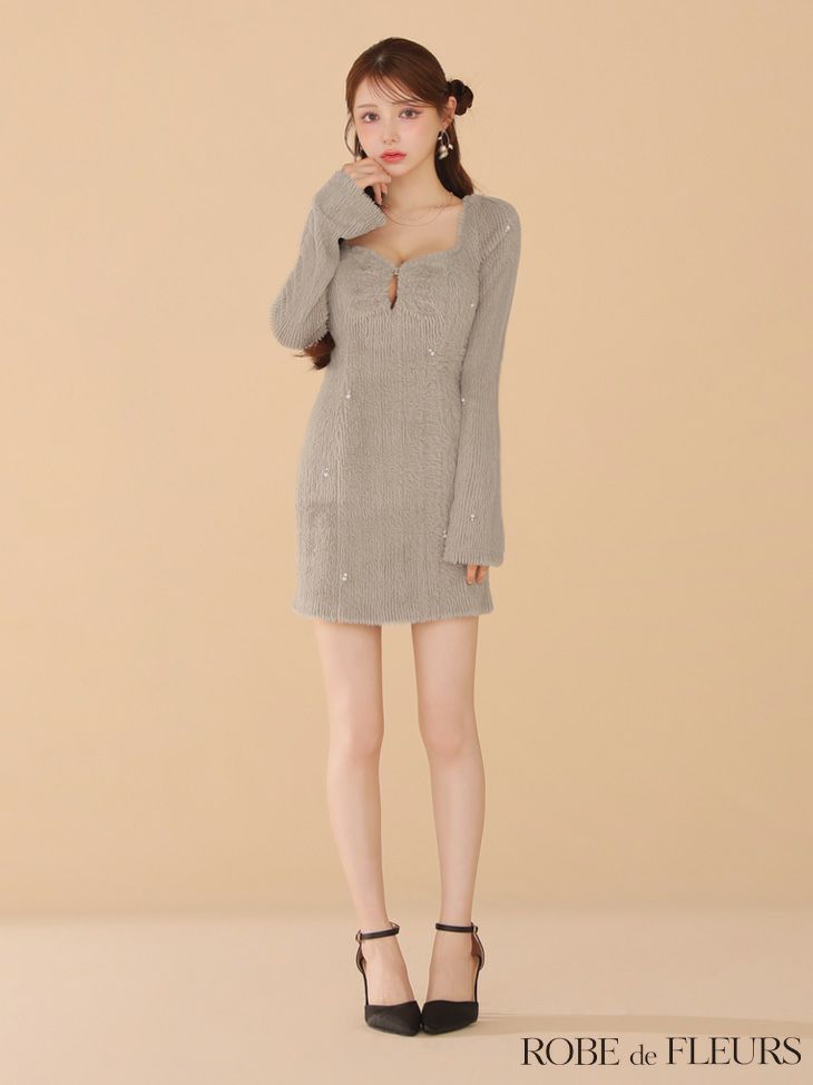 ROBE de FLEURS ローブドフルール フェザーニットパール付きタイトミニキャバドレス fm3475