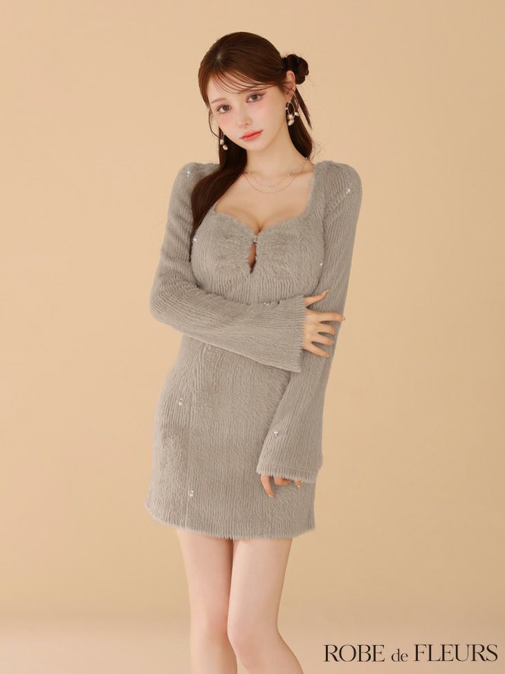 ROBE de FLEURS ローブドフルール フェザーニットパール付きタイトミニキャバドレス fm3475