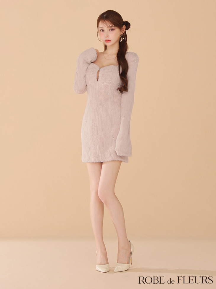 ROBE de FLEURS ローブドフルール フェザーニットパール付きタイトミニキャバドレス fm3475