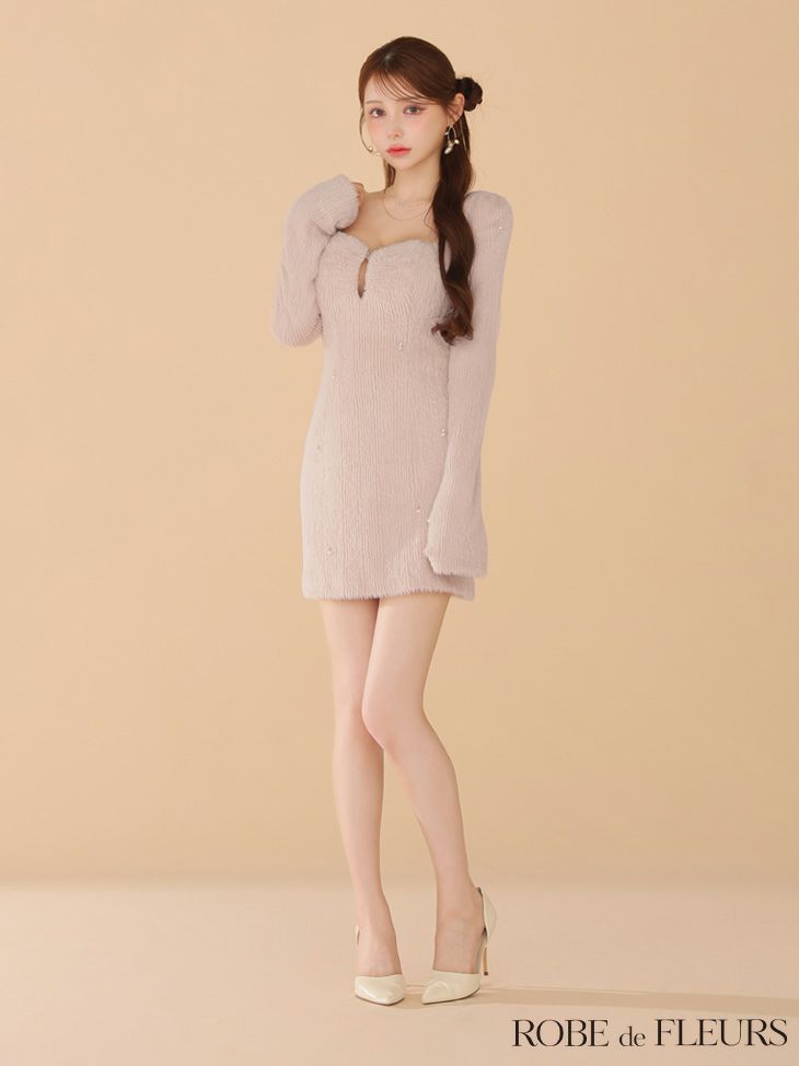 ROBE de FLEURS ローブドフルール フェザーニットパール付きタイトミニキャバドレス fm3475