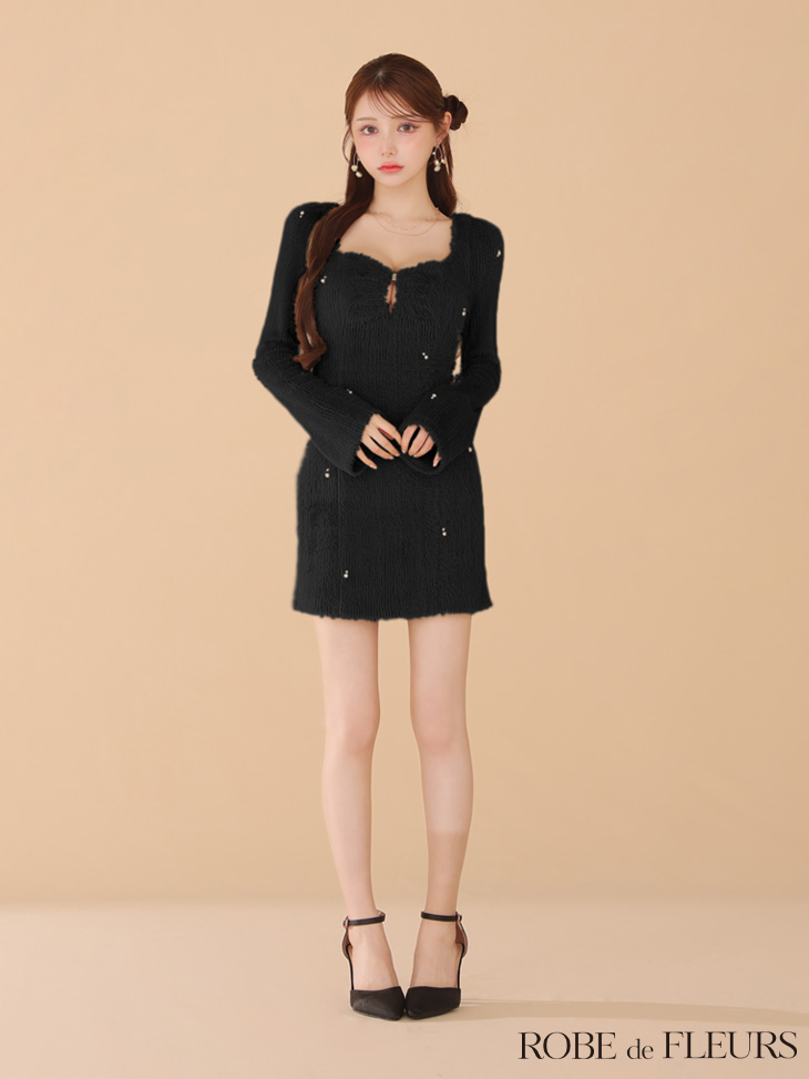 ROBE de FLEURS ローブドフルール フェザーニットパール付きタイトミニキャバドレス fm3475