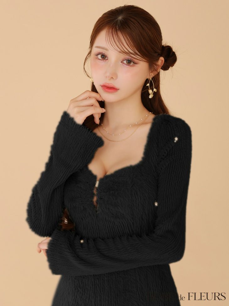 ROBE de FLEURS ローブドフルール フェザーニットパール付きタイトミニキャバドレス fm3475