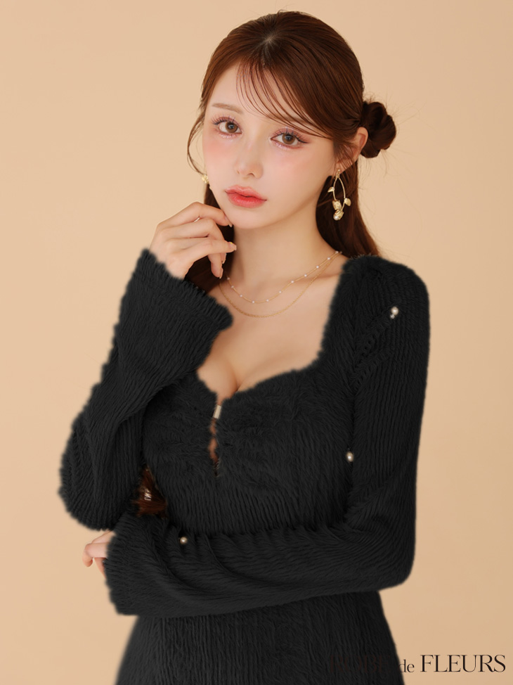 ROBE de FLEURS ローブドフルール フェザーニットパール付きタイトミニキャバドレス fm3475