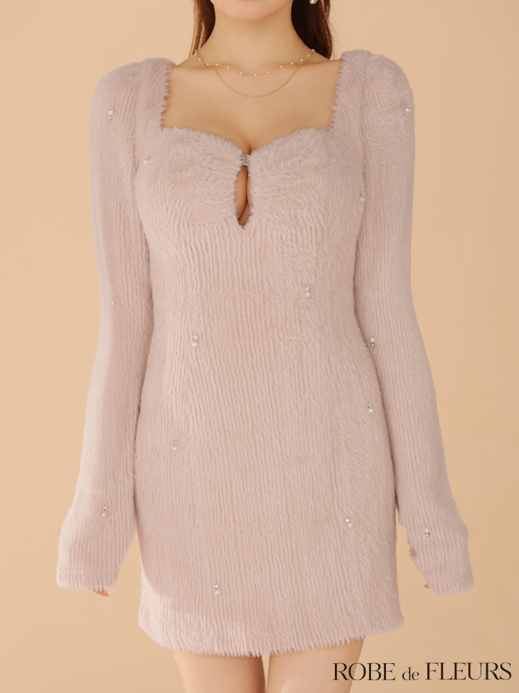 ROBE de FLEURS ローブドフルール フェザーニットパール付きタイトミニキャバドレス fm3475