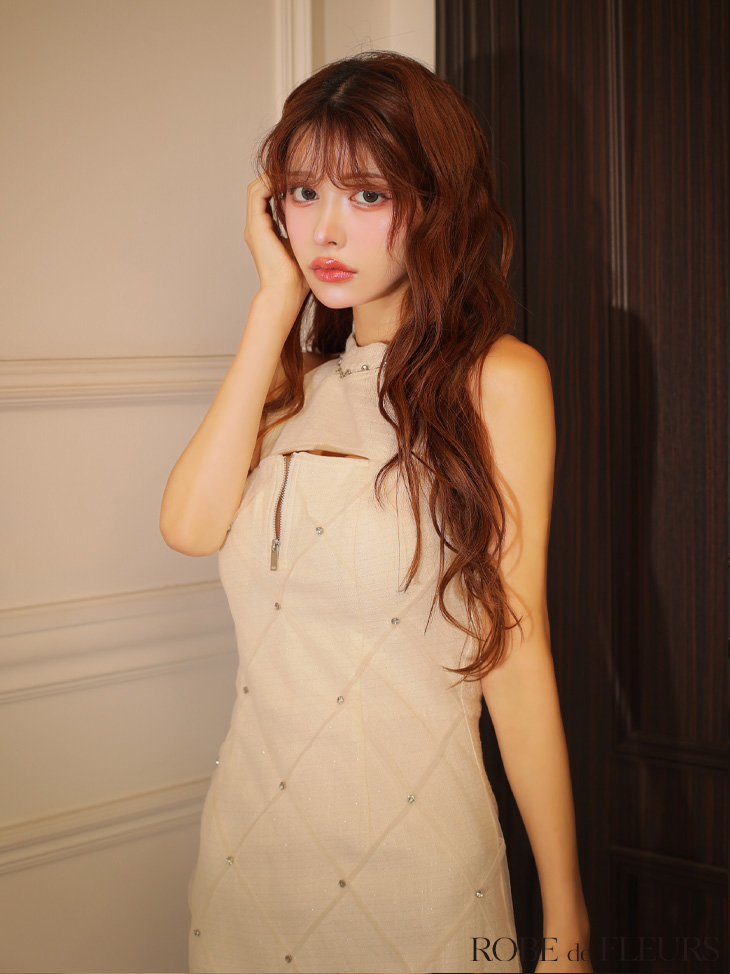 ROBE de FLEURS ローブドフルール 【XSサイズあり】ラメ入りツイードデコルテカッティングタイトミニキャバドレス fm4162-c