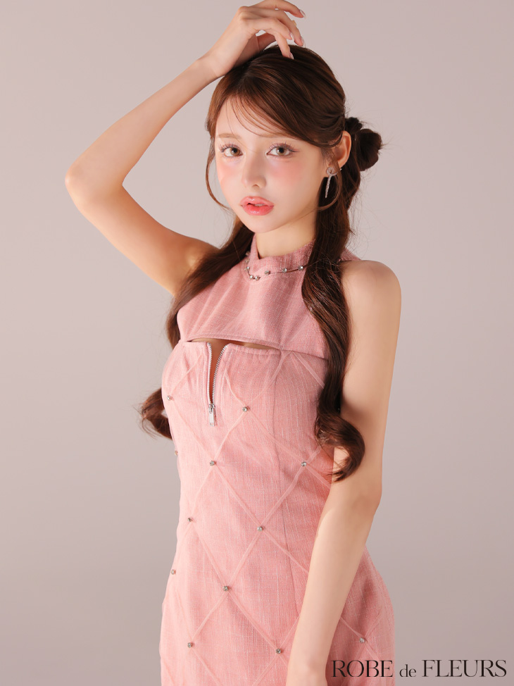 ROBE de FLEURS ローブドフルール 【XSサイズあり】ラメ入りツイードデコルテカッティングタイトミニキャバドレス fm4162-c