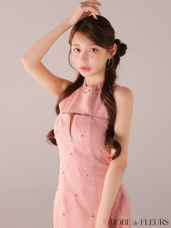 ROBE de FLEURS ローブドフルール 【XSサイズあり】ラメ入りツイードデコルテカッティングタイトミニキャバドレス fm4162-c