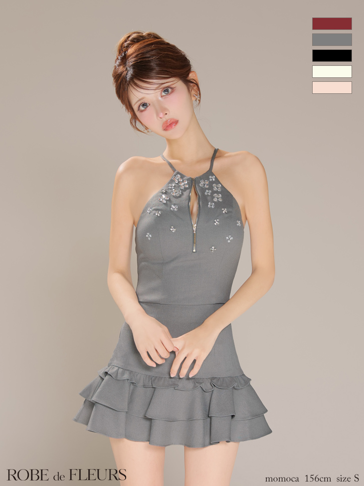 ROBE de FLEURS ローブドフルール ホルターネックビジューフレアセットアップミニキャバドレス fm3799