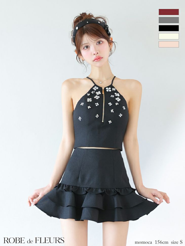 ROBE de FLEURS ローブドフルール ホルターネックビジューフレアセットアップミニキャバドレス fm3799