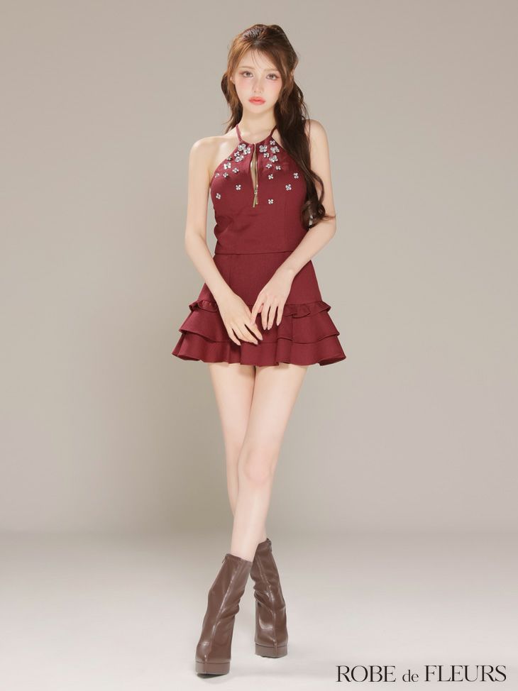 ROBE de FLEURS ローブドフルール ホルターネックビジューフレアセットアップミニキャバドレス fm3799