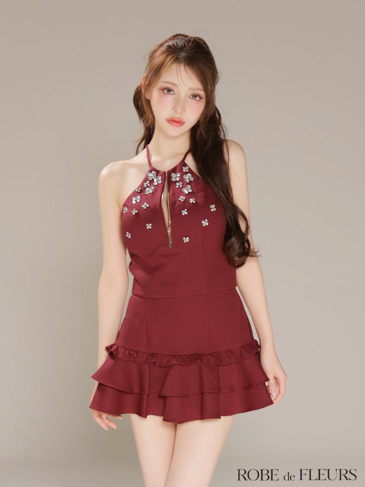 ROBE de FLEURS ローブドフルール ホルターネックビジューフレア