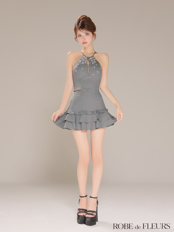 ROBE de FLEURS ローブドフルール ホルターネックビジューフレアセットアップミニキャバドレス fm3799