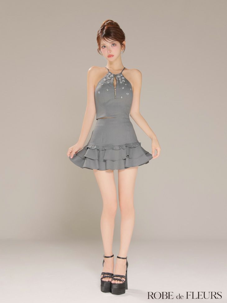 ROBE de FLEURS ローブドフルール ホルターネックビジューフレアセットアップミニキャバドレス fm3799