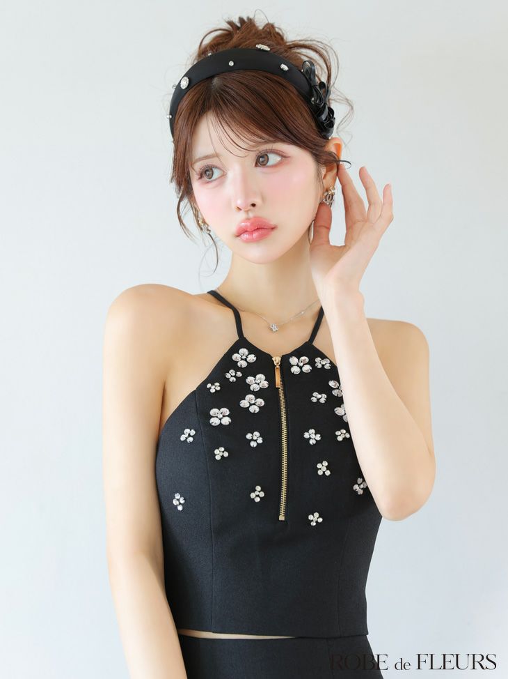 ROBE de FLEURS ローブドフルール ホルターネックビジューフレアセットアップミニキャバドレス fm3799