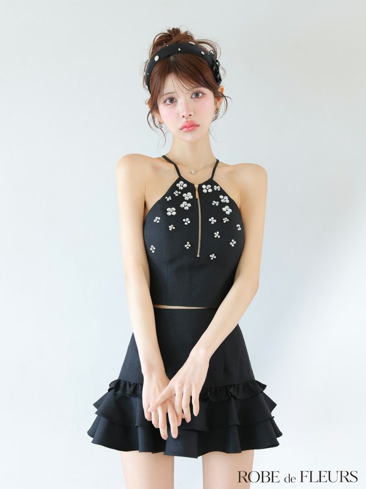 ROBE de FLEURS ローブドフルール ホルターネックビジューフレアセットアップミニキャバドレス fm3799