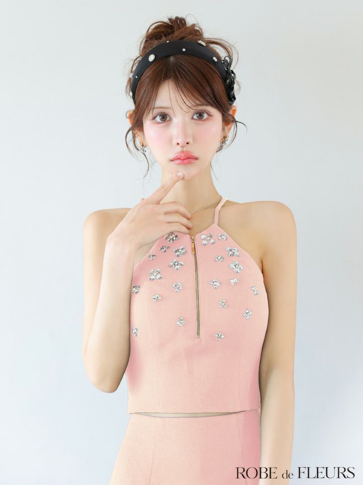 ROBE de FLEURS ローブドフルール ホルターネックビジューフレアセットアップミニキャバドレス fm3799